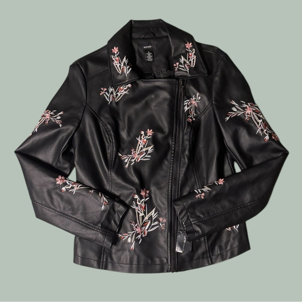 Alfani Floral Embroidered Faux Black Leather Jacket